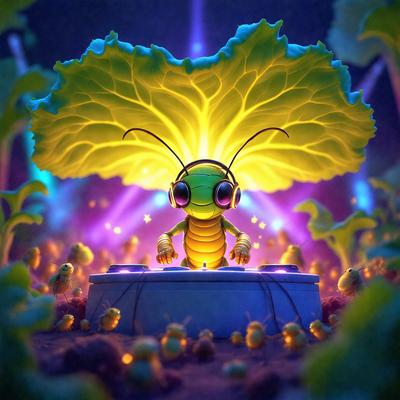 The primary subject of the image is a cartoon-like insect, possibly a grasshopper or a beetle, sitting on a table with a DJ set. The insect is wearing headphones and appears to be enjoying the music. The setting is a colorful and vibrant environment, with a purple background and a green leafy plant in the background. The visual style is a digital art or illustration, creating a whimsical and imaginative scene. The colors and mood are lively and fun